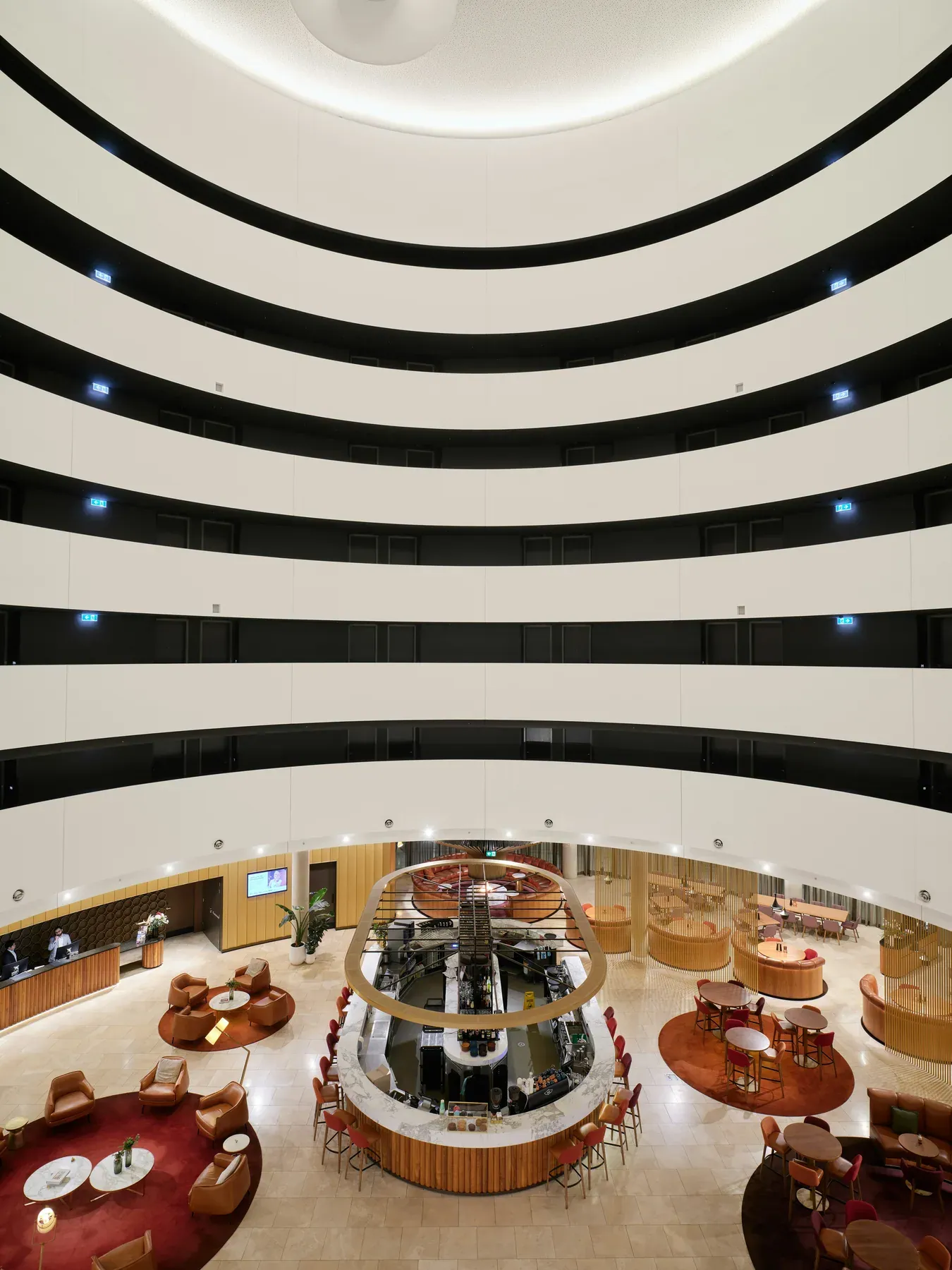 Multi-level hotel atrium with a circular bar